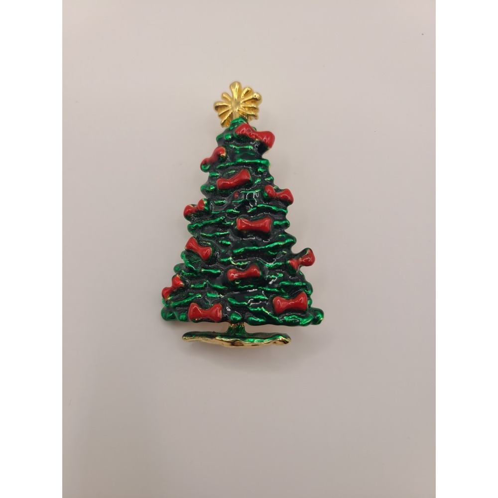 Vintage Christmas Tree Brooch Green Enamel Red Accents Gold Star 2.25in